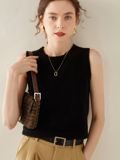 SENLIYA international light luxury high-end cashmere vest women's knitted round neck short sweater cashmere inner jacket base green velvet rice S