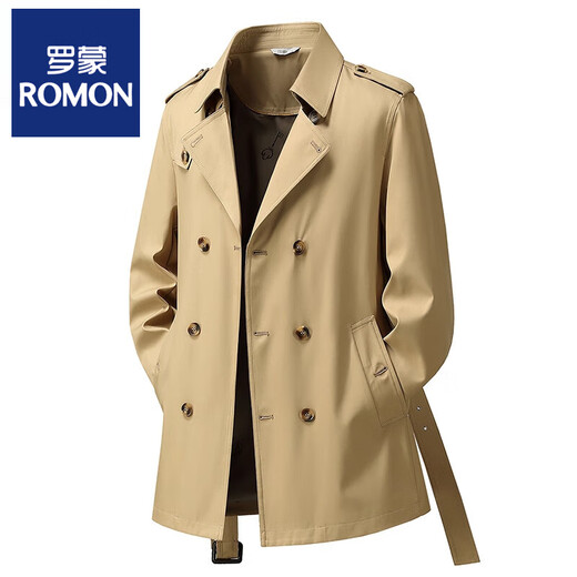 ROMON double-breasted windbreaker men's mid-length 2025 autumn new business coat British fashion lapel coat trend khaki M recommended 100-115Jin Jin equals 0.5 kg