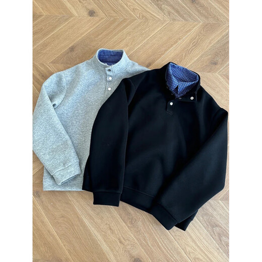 XUANSENTU light gray American plaid fake two-piece sweatshirt men's autumn Henley collar polo shirt cleanfit jacket trendy black fabric upgrade XL