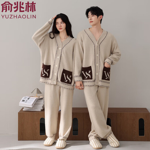 Yu Zhaolin double-sided half-velvet kimono collar V-neck cardigan couples pajamas winter thickened and warm young men and women home clothes 146012+146509 M Female