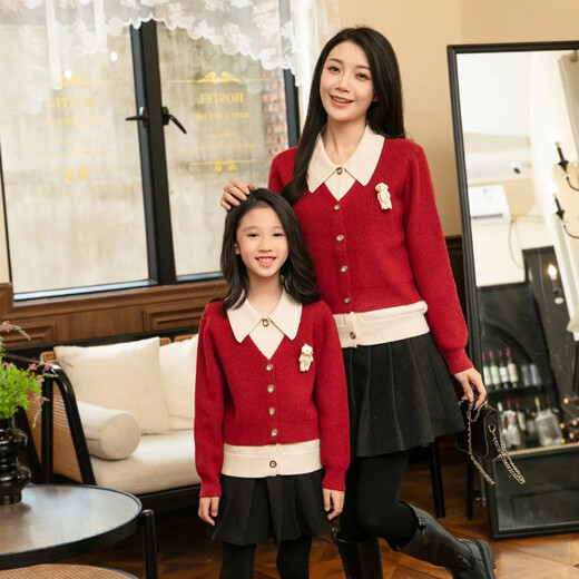 Little Bear Elf (xiaoxiongjingling) parent-child red sweater autumn and winter new style 2026 New Year's family of three, high-end mother and daughter family outfit of four, men's round neck top/women's cardigan jacket 175 mother's XL size (recommended weight 135-150Jin Jin equals 0.5 kg)