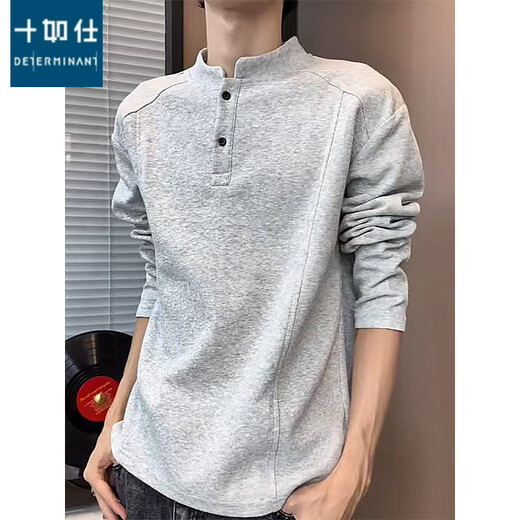 Shirushi light gray stand-up collar right shoulder long-sleeved T-shirt men's autumn American polo shirt sweatshirt Henry collar bottoming shirt black carefully selected good fabrics L 110Jin Jin is equal to 0.5kg -130Jin Jin is equal to 0.5kg
