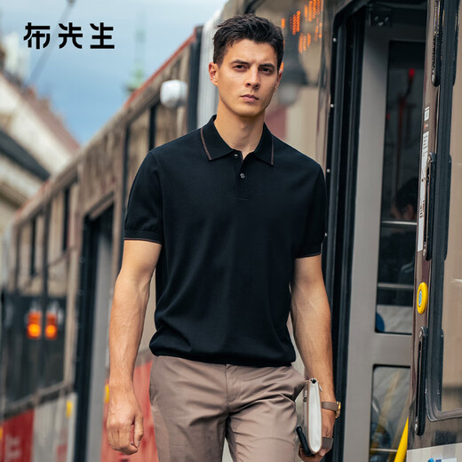 Mr. Bu machine washable lapel cardigan T-shirt 2025 autumn new solid color business sweater short-sleeved bottoming shirt BT16888 piano black 2XL (185)