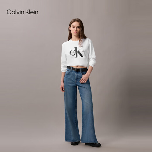 Calvin KleinJeans spring and autumn men and women couples neutral casual commuting ck printed bottoming shirt round neck long-sleeved T-shirt top