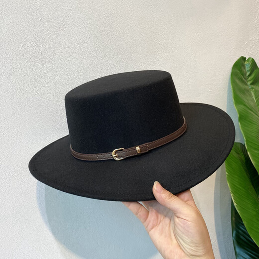 Woodpecker autumn and winter British European and American style belt buckle flat top hat for men and women wide brim sunshade retro woolen black jazz hat white brown belt M (56-58cm)