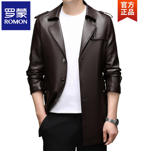 ROMON Spring and Autumn Haining Leather Men's Cowhide Leather Windbreaker Mid-Length Business Casual Leather Jacket Leather Coat Black M 170