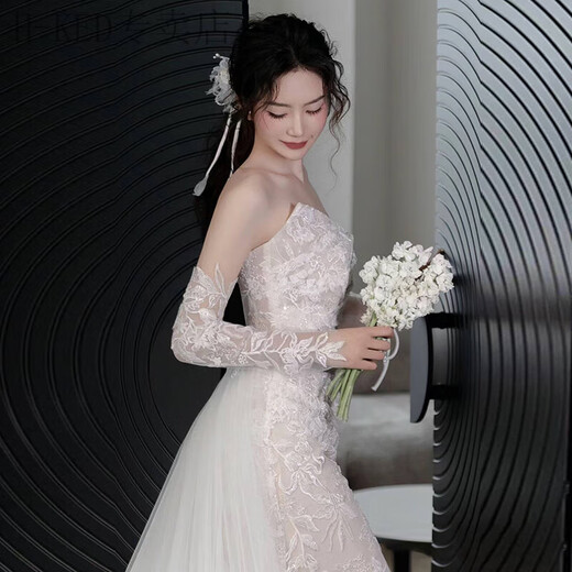 H-KED light wedding dress bridal main yarn high-end French lace tube top fishtail outing yarn temperament tail dress white XL
