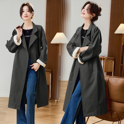 SUSTYLE luxury high-end brand women's high-end windbreaker 2025 autumn long loose casual age-reducing waist fashion coat black M