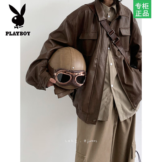 Playboy jacket men's spring style retro handsome PU motorcycle leather jacket male and female students Maillard neutral brown leather jacket black 45% PU55% viscose XL