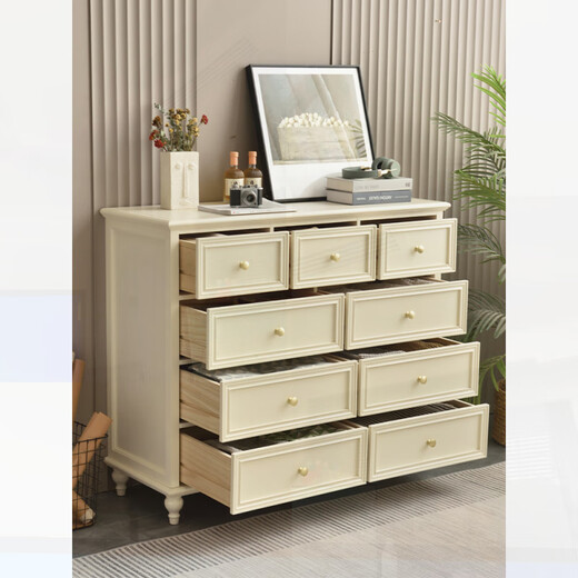 Visage Yuanshi Woody American solid wood light luxury nine-drawer cabinet storage cabinet simple modern bedroom living room storage cabinet retro drawer six drawers + dressing table + stool + mirror ivory white