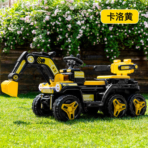 Guardian Laoren children's electric excavator remote control toy car large excavating engineering vehicle double seat adult six-wheel four-wheel drive supreme yellow + soft wheel + with remote control + 12V12A electric drive