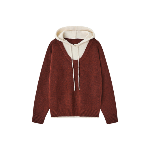 Mohan Yimei wool festival shirt warm sweater 2025 winter contrast stitching fake two-piece hooded top