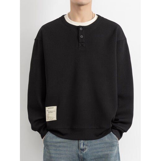 Akbevrc International Brand Fake Two-piece Sweatshirt Men's 2025 Spring and Autumn New Heavy Henley Collar Bottoming Shirt Long Sleeve Khaki L _(Approximately 115-130Jin Jin equals 0.5kg can be worn)