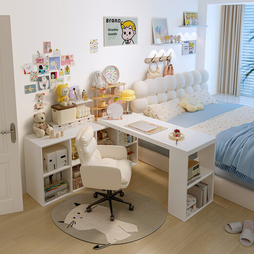 Zhongtao corner dressing table, cream style retractable desk and bookshelf, integrated small apartment dressing table, double home computer table, high-looking recommended model, 26mm thickened quality plate, 100 tables + 100 cabinets, warm white