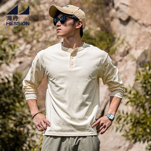Haixing beige 300g pure cotton closed long-sleeved henley shirt men's winter casual commuting bottoming t-shirt trendy new beige XL