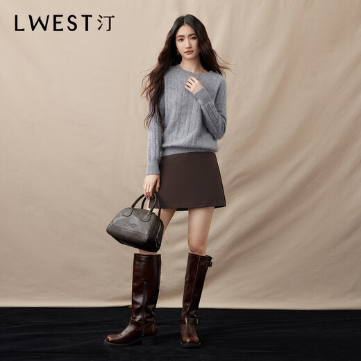 L.WEST crew neck pullover women's 2025 winter new simple commuting 100% wool cable knit sweater gray S 85-100Jin Jin equals 0.5 kg