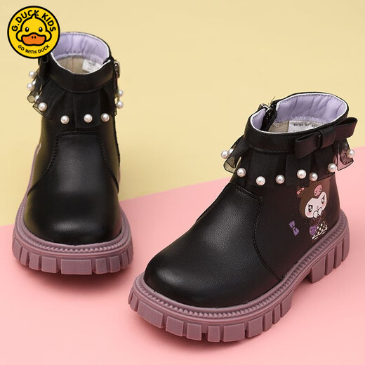 G.duck Little Yellow Duck Girls Short Boots Genuine Leather Children's Martin Boots 2025 Autumn and Winter New Kuromi Children's Shoes Plus Velvet Second Cotton Boots Black Single Boot + Soft Genuine Leather + Light Soft Sole + Kuromi Bow 33 Inner Length Approximately 21.1cm
