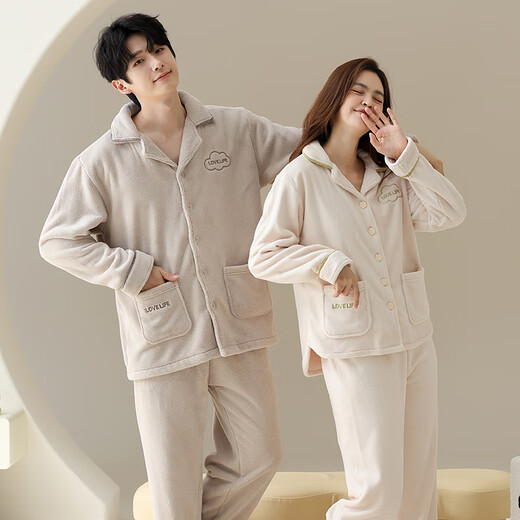 Congxin two sets of soft flannel couple pajamas for autumn and winter, thickened and velvet to keep warm, 25 years new men's and women's home clothes G 64956 light apricot + 75956 rice apricot L male + female M