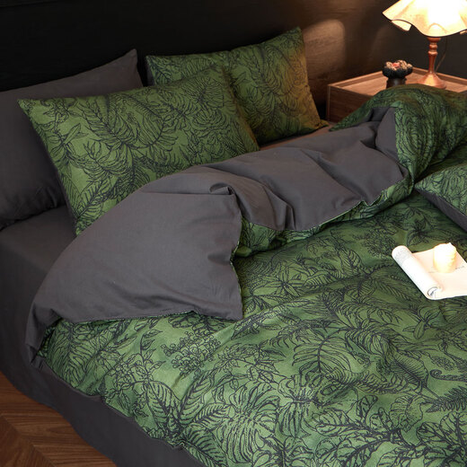 Light luxury retro style pure cotton brushed bed four-piece set autumn and winter thickened cotton quilt cover sheet high-end bedding Yeyu-green soft and comfortable bed sheet style 1.8 four-piece set-quilt cover 200x230