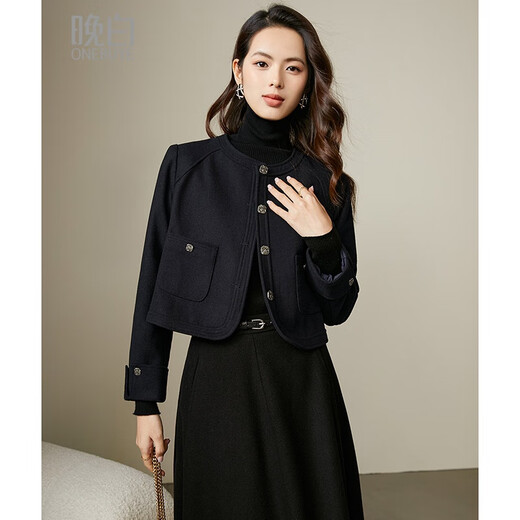 Late White New Product 2025 Autumn and Winter Fashion Simple Casual Jacket Round Neck Wool Temperament Short Jacket for Women Dark Blue M