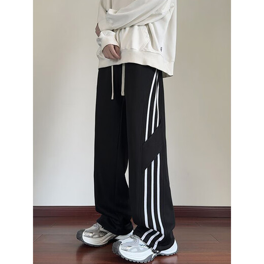 Katuchi black striped splicing straight casual pants for men in spring and autumn trendy handsome loose slimming wide leg sports long pants black white stripes XL recommended 125-140Jin Jin equals 0.5 kg