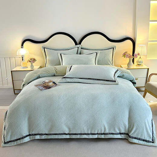 Mercury series home textiles new 2025 new milk velvet carved four-piece set double-sided baby velvet autumn and winter thickened bed sheet quilt cover butterfly-light green bed sheet style 2.0m four-piece set