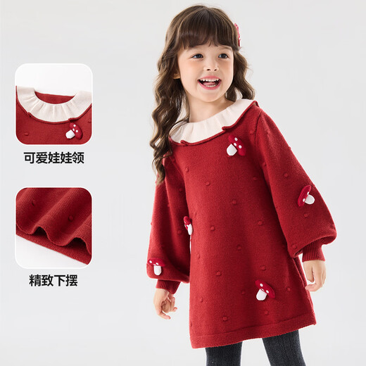 Dudu girl New Year's greetings dress long-sleeved dress New Year's winter dress baby girl skirt autumn and winter children's princess dress baby children's clothing red 100