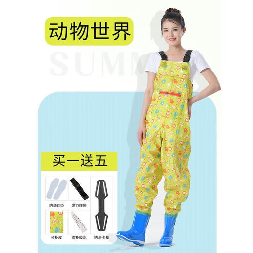 Women's waders with trousers and rain boots integrated, half-length one-piece fishing pants, waterproof for children on the beach, children's wading, yellow overalls (big pockets), shoe size 36