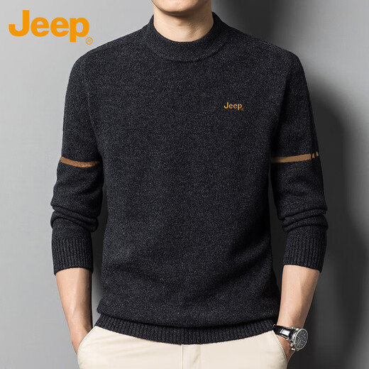 JEEP Sweater Men's Autumn and Winter High-End Casual Knitted Bottoming Shirt Round Neck Men's Top Black Gray XL