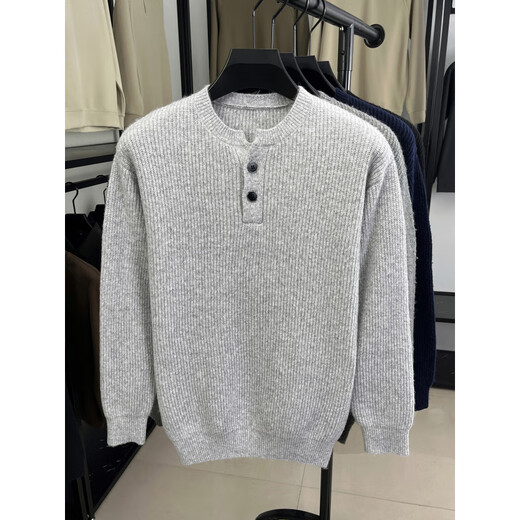 TOMMY JEANS Tommy Gray American Heavy Thick Needle Henley Neck Sweater Men's Autumn and Winter Feeling Lazy Wind Bottoming Sweater Loose White Gray M