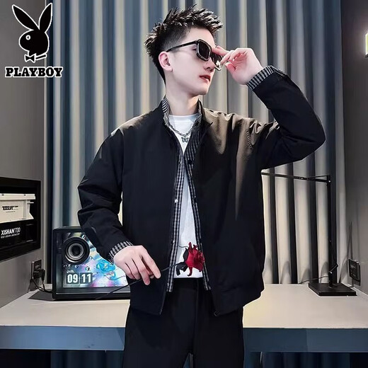 Playboy spring and autumn vacation two-piece jacket men's stand-up collar clothes 2025 new autumn and winter plus velvet men's high-end jacket trendy coffee color 8157-fake two-piece jacket high quality L