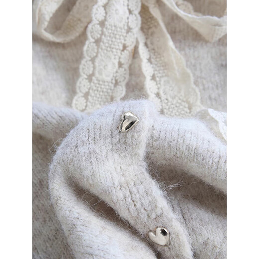 Clothing Yuan Lace Lace Bow Knitted Cardigan Jacket Women's Autumn and Winter 2025 New Loose Round Neck Long Sleeve Sweater Top Apricot One Size (85-120Jin Jin is equal to 0.5 kg)