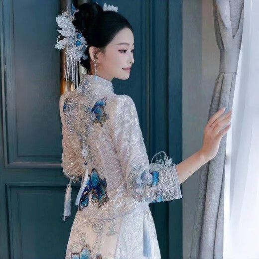 ANJY Blue High-end Heavy Industry Xiuhe Wedding Clothes 2025 New New Chinese Style Small Bride Wedding Clothes Out-of-Pavilion Clothes Malay Coat No Headwear M 95-105Jin Jin is equal to 0.5 kg