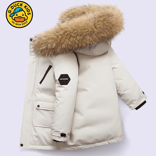 G.duck2025 new winter style boys' down cotton coat, Korean version, medium and large children's thickened mid-length large fur collar cotton coat, trendy black 120 105cm-115cm