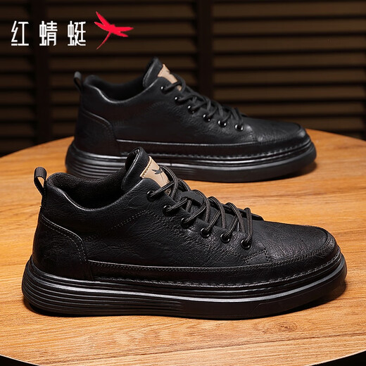 Red Dragonfly Men's Shoes Business Casual Leather Shoes Men's 2025 Autumn and Winter New Style Sneakers Men's Versatile Cowhide and Velvet Warm Shoes Men's All Black 7002 41 (255)