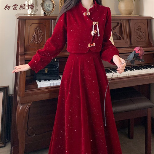 Meianjia 200 Jin Jin is equal to 0.5 kg. Large size new Chinese engagement dress toasting suit for fat mm autumn and winter bride homecoming dress new fake two-piece dress (regular style) S (recommended 80-95 Jin Jin is equal to 0.5 kg)