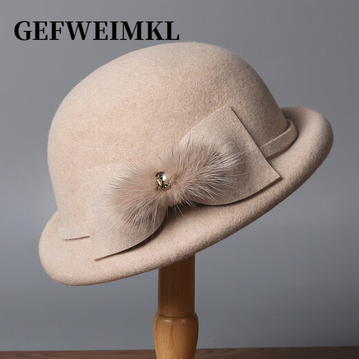 GEFWEIMKL Merino Wool Bucket Hat Women's Autumn and Winter New French Furry Bow Fashion Elegant Top Hat Women Black Adjustable (56-58cm)