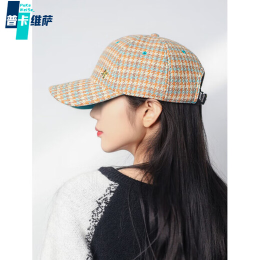 Pukaweisa brand fashionable houndstooth warm woolen baseball cap women's autumn and winter face-showing small duck cap soft top casual hat blue and orange check one size adjustable