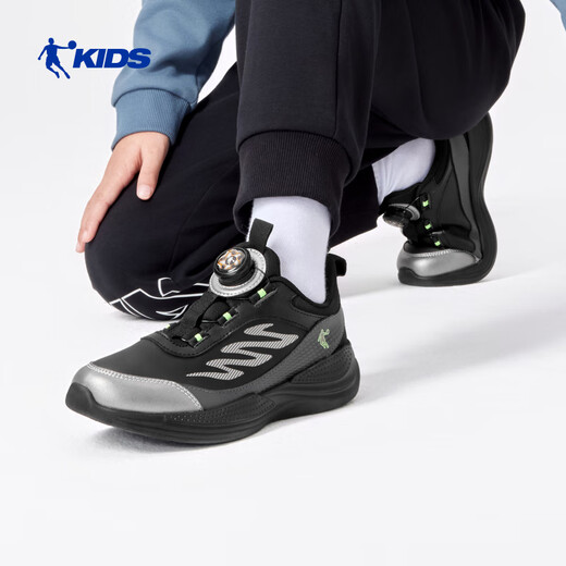 Jordan men's running shoes, children's winter leather sports shoes, knob buckle children's shoes, black/liquid silver 36