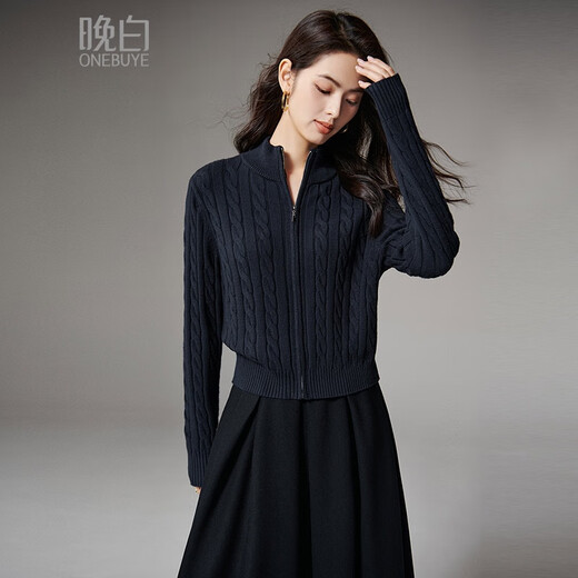 Late White New Product 2025 Autumn Retro Fashion Jacket Smart, Clean and Versatile Short Knitted Cardigan for Women Dark Blue M