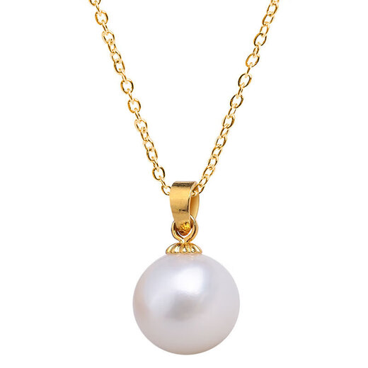 Half a grain of 18K gold natural freshwater pearl pendant, 925 silver necklace, Korean single pendant for women, round strong light, white pearl gold base + silver gold-plated chain 11-12mm