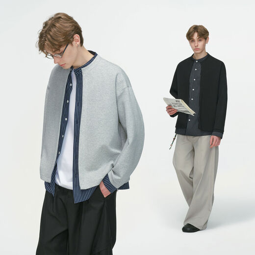 Dreammade American fake two-piece Henry collar cardigan thick cotton T men's spring and autumn high-intelligence gray jacket light gray M