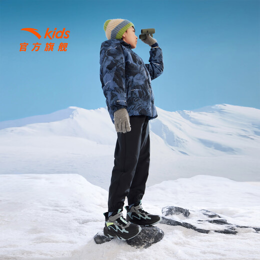 ANTA children's cotton shoes for men and women, big children, autumn and winter new leather waterproof, anti-slip, velvet and Velcro outdoor high-top snow boots. Recommended by the store manager. Black/thin blue/cold gray-2 37. Shoe inner length 23.5cm