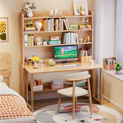 Huixun folding desk solid wood student home computer desk bedroom bedside study table with bookshelf small retractable desk walnut color #desk + bookshelf 80cm*60cm*75cm total height 190cm