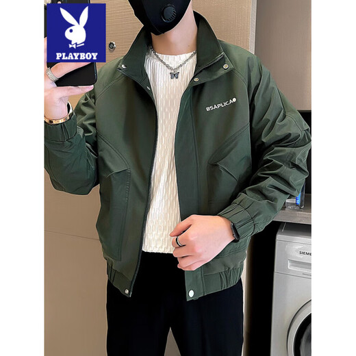 Playboy trendy brand handsome stand-up collar jacket men's spring casual versatile men's jacket 2025 new high-end spring top black L recommended 115-130 Jin Jin equals 0.5 kg