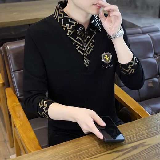 FZAF Light Luxury Men's Paul POLO Shirt Men's Long Sleeve 2025 Spring and Autumn New High-end Fashion Brand Fashion Casual Velvet T-shirt Black Bee Regular XL (Recommended 135-150 Jin Jin equals 0.5 kg)