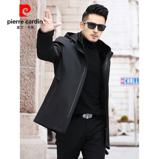 Pierre Cardins neuer Parka Herren Nerzfell integriertes Innenfutter Echtfell Nickmantel warmer Wintermantel mittleren Alters schwarz M 165