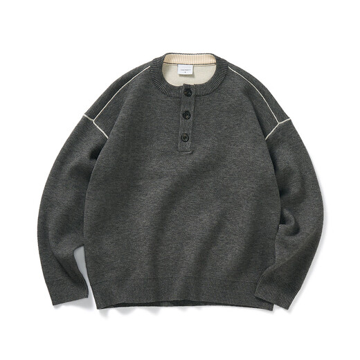 714street high-density anti-pilling henley collar sweater for men 2025 autumn and winter off-shoulder loose knitted sweater top gray M