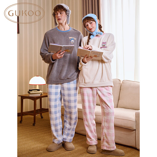 Gukoo Couple Pajamas Winter Disney Warm and Comfortable Round Neck Plaid Pants Women's Home Clothes Suit Men's Peach Pink L