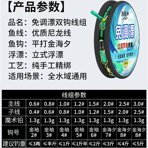 New adjustment-free float set finished line set flip fish hook double hook float crucian carp fishing traditional full set of main line 5.4m 4-roll line set comes with 2 luminous floats + 2 electric + box double hook + 2.5 main line + 2.0 sub-line + Haixi No. 8 hook